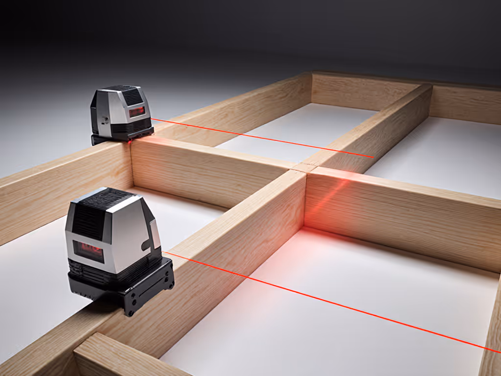 Home gym flooring vibration test setup showing laser sensors on joists