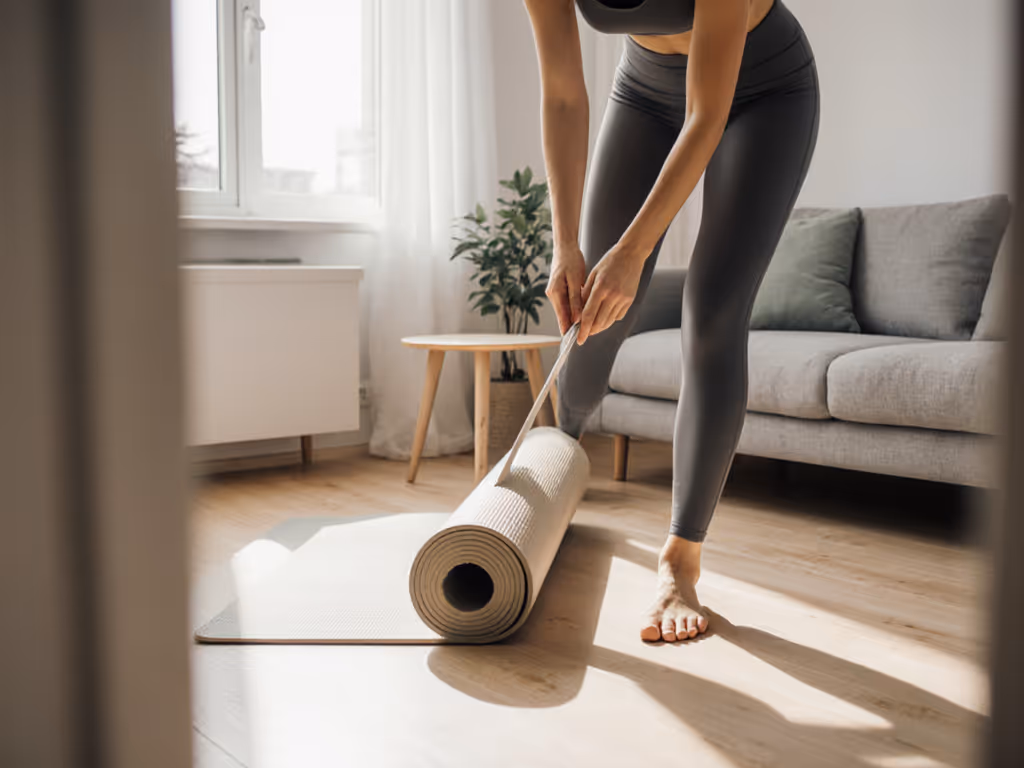 'person rolling up yoga mat in small apartment living room'